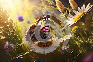 Madagascar sunset moth (Chrysiridia rhipheus), butterfly close-up on wildflowers. AI generated.