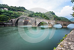 Maddalena Bridge, Borgo a Mozzano, Lucca, Italy, important medieval bridge in Italy. Tuscany.