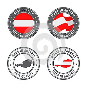 Made in Austria - set of labels, stamps, badges, with the Austria map and flag. Best quality. Original product.