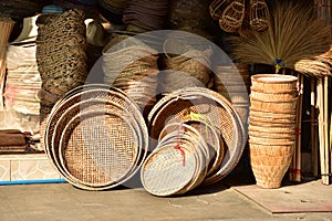 Made baskets shop.Traditional Thai woven straw texture. photo