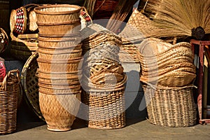 Made baskets shop.Traditional Thai woven straw texture. photo
