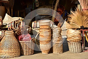 Made baskets shop.Traditional Thai woven straw texture.