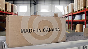 Made in CANADA import and export concept. Cardboard boxes with product from Canada on the roller conveyor