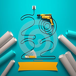 `2022` made of a drill wire and a set of construction tools, all on a turquoise blue background.