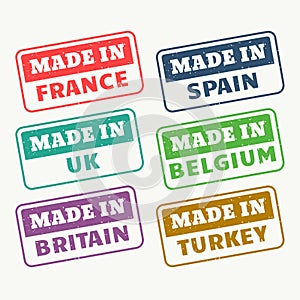 Made in france, spain, uk, belgium, britain and turky stamps set