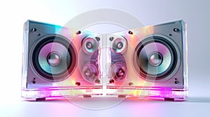 Two clean designed loudspeakers with bright background.