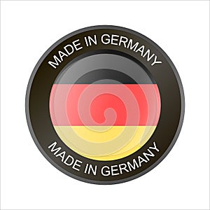 Made in Germany button. Round label with German flag. High quality product mark. Glossy sticker. Round icon. Badge. Product of Ger