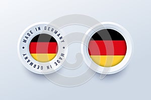 Made in Germany round label, badge, button, sticker with German national flag.