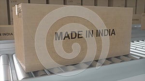 Made in INDIA import and export concept. Cardboard boxes with product from INDIA on the roller conveyor