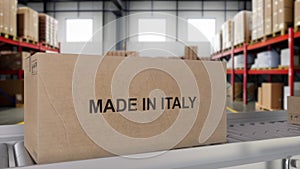 Made in ITALY import and export concept. Cardboard boxes with product from ITALY on the roller conveyor