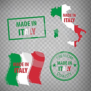 Made in the Italy rubber stamps icon isolated on transparent background. Manufactured or Produced in Italian Republic.
