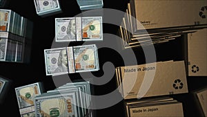 Made in Japan box and US Dollar money pack loop 3d animation