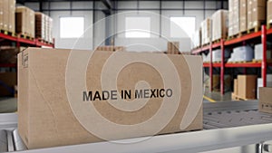 Made in MEXICO import and export concept. Cardboard boxes with product from MEXICO on the roller conveyor