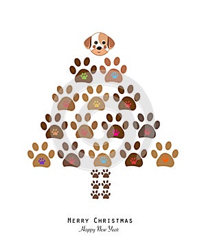Made of paw print christmas tree with colorful paw print and cute dog. Christmas pine tree