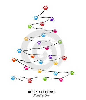 Made of paw print merry christmas tree with colorful paw print. Christmas pine tree. Merry christmas and happy new year greeting c