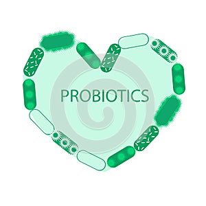 Made of Probiotic symbol heart and medical illustration of the intestinal bacterial flora