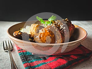 Mole Poblano with Chicken and rice is Mexican Food in Puebla Mexico