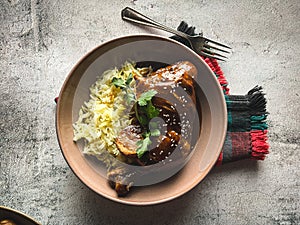 Mole Poblano with Chicken and rice is Mexican Food in Puebla Mexico