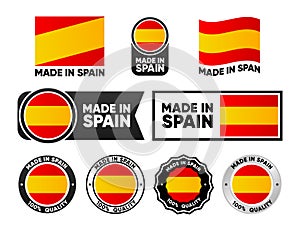 Made in Spain label collection. Set of flat isolated stamp made in Spain. 100 percent quality. Quality assurance concept