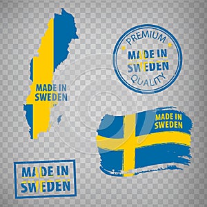 Made in Sweden rubber stamps icon isolated on transparent background. Manufactured or Produced in  Sweden. Map Kingdom of Sweden.