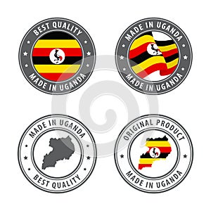 Made in Uganda - set of labels, stamps, badges, with the Uganda map and flag. Best quality. Original product.