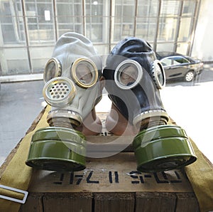 Made in Ukraine gas masks placed on a wooden crate