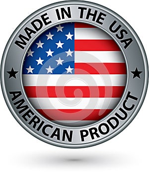 Made in the USA american product silver label with flag, vector