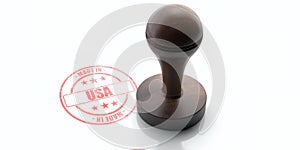 MADE IN USA, AUTHENTICITY stamp. Wooden rubber stamper, stamp with text made in usa isolated on white background. 3d illustration