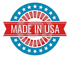 Made in USA badge. Round retro label with red ribbon