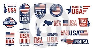 Made in USA badges. Patriot proud label stamp, American flag and national symbols, united states of America patriotic