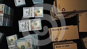 Made in USA box and US Dollar money pack loop 3d animation