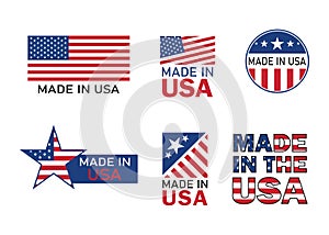 Made in usa icon for product. American flag emblem for guarantee label. Manufacturing in america sign with stars and red stripes.