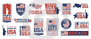 Made in USA label. American flag emblem, patriot proud nation labels icon and united states label stamps vector isolated