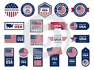 Made in usa labels. American guarantee emblems, patriotic signs, tags with national flag colors and symbols, quality