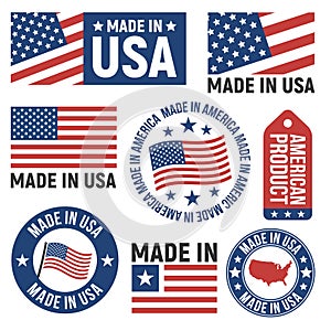 Made in USA labels, badges, signs. USA flag icons. Americans emblems templates. Vector illustration.