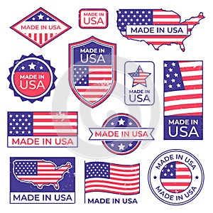 Made in usa logo. American proud patriot tag, manufacturing for usa label stamp and united states of america patriotic