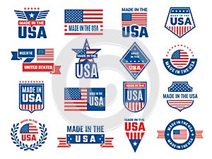 Made in usa logo. Label for patriot american flag and special symbols for vector usa stamps design