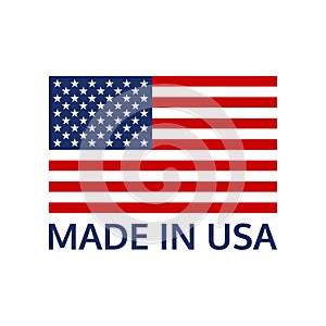 Made in USA logo or label with US flag. America manufactured icon. Vector illustration.
