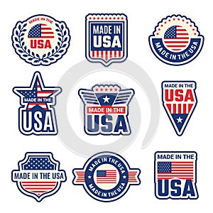 Made in usa. National authentic labels or badges stamps with american flag and special elements vector symbols