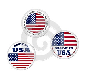 Made in USA round label stickers, vector set. Merchandise tag with US flag