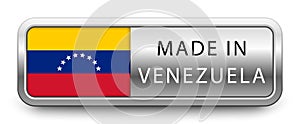 MADE IN VENEZUELA metallic badge with national flag isolated on a white background.