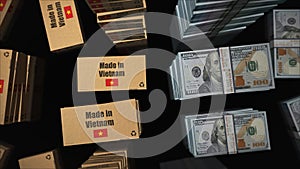 Made in Vietnam box and US Dollar money pack 3d illustration