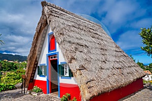 Madeira island rural traditional house village landscape, Portugal. City of Santana on a beautiful sunny day