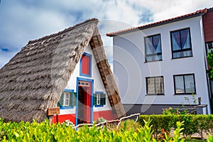 Madeira island rural traditional house village landscape, Portugal. City of Santana on a beautiful sunny day