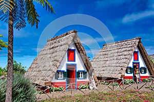 Madeira, Portugal - September 6, 2022: Madeira island rural traditional house village landscape, Portugal. City of Santana on a