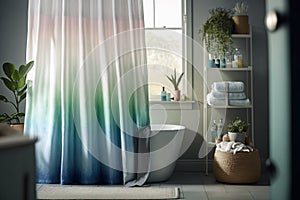 Madison Park seersucker shower curtain with ombre print. Generative AI