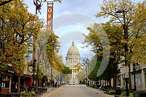 MADISON, WI - OCT 4th, 2014: State Street in Madison. An excellent view of Wisconsin's State Capitol and the Orpheum theater.