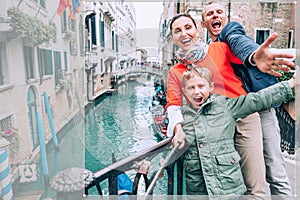 Madly happy family take a selfie photo on the one of bridge in Venice. Travel around the wolrd with kids concept image