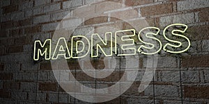 MADNESS - Glowing Neon Sign on stonework wall - 3D rendered royalty free stock illustration
