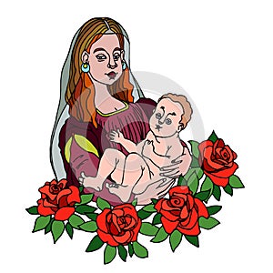 Madonna with baby in arms & red roses with leaves, symbol of mother love & family